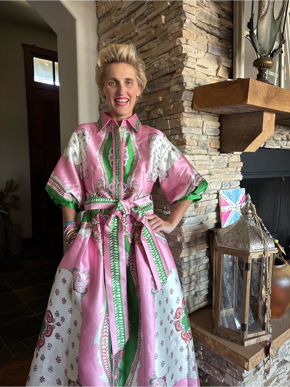 NWT, Pink and Green Satin Maxi Shirt Dress with Removable Tie Belt, Designer - Picture 3 of 3